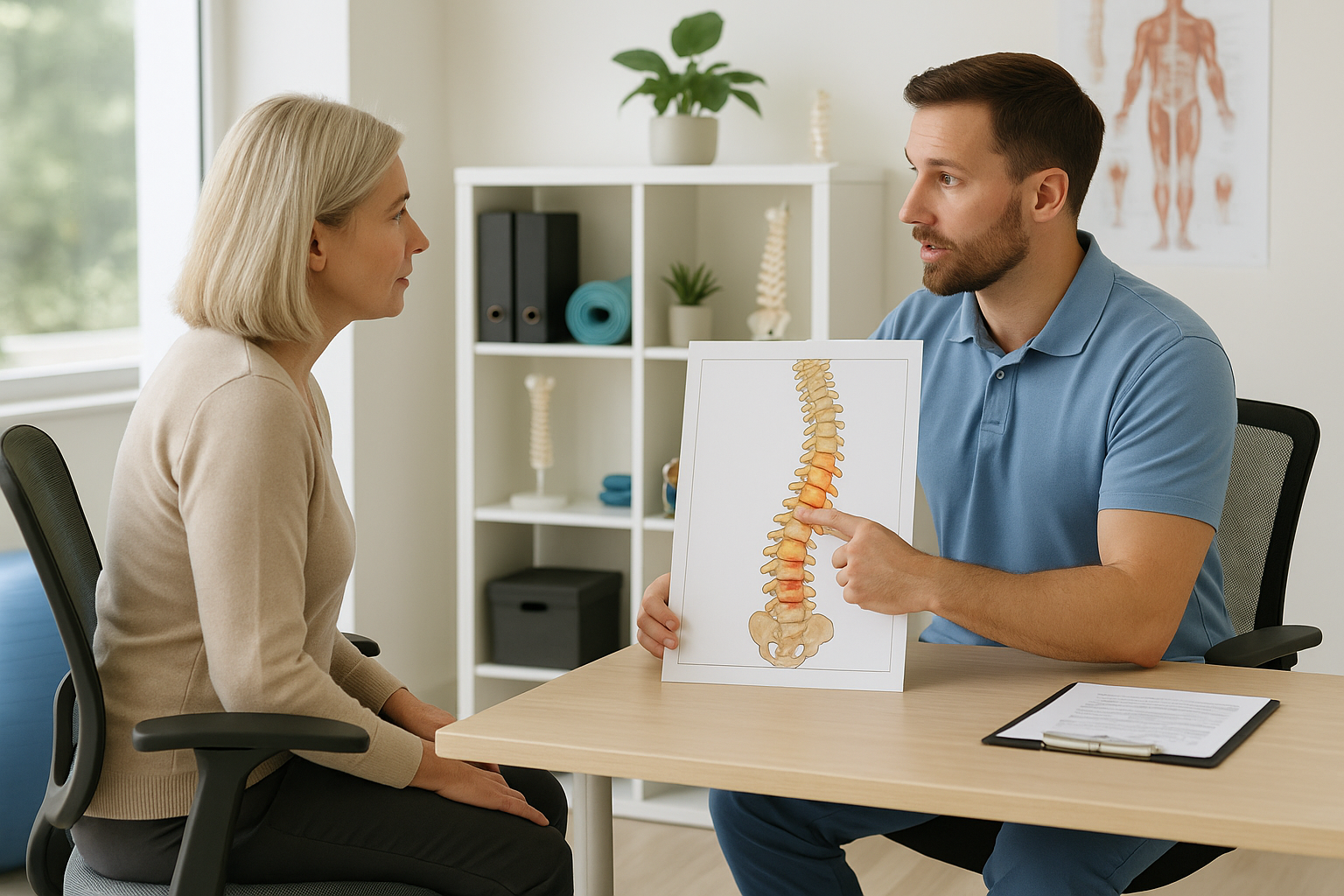 Chiropractor explaining spine anatomy to patient